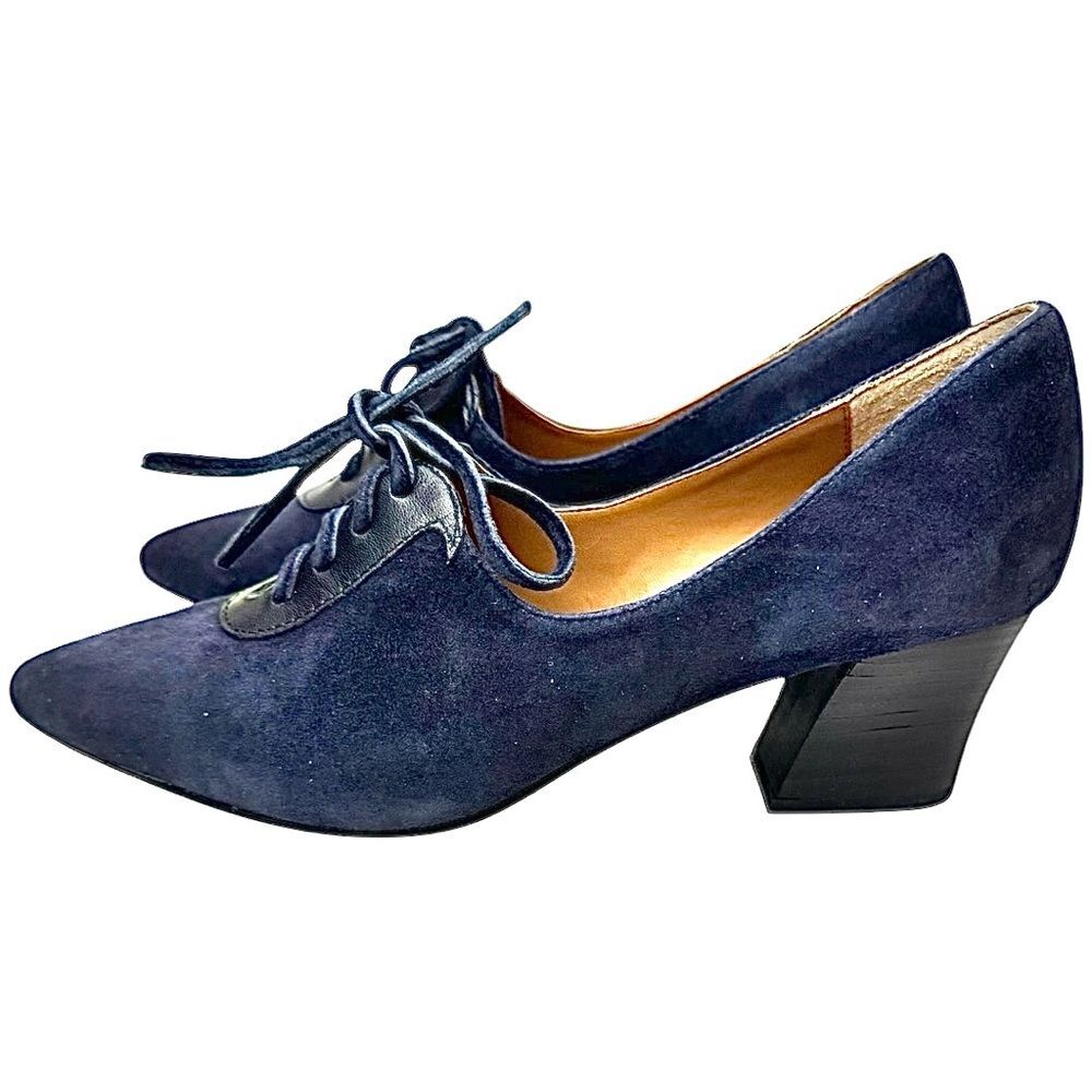 J. Renee Navy Blue Suede Lace-Up Low Heel Pumps - Picture 3 of 8